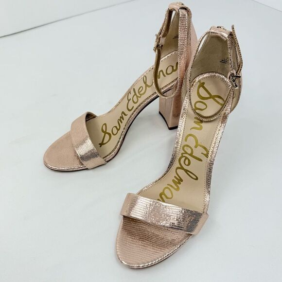 Sam Edelman YARO Rose Gold Leather Metallic Reptile Chunky 4" Open Toe Sandals - Picture 6 of 16